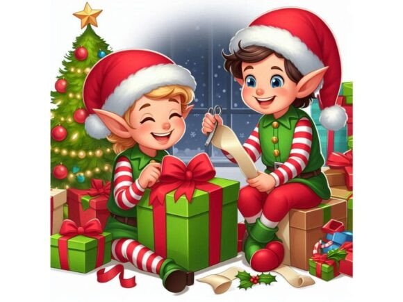 Cheerful Christmas Elves Wrapping Presen Illustrations
