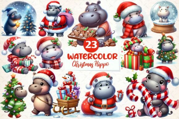 Christmas Hippo Sublimation Clipart: Illustrations