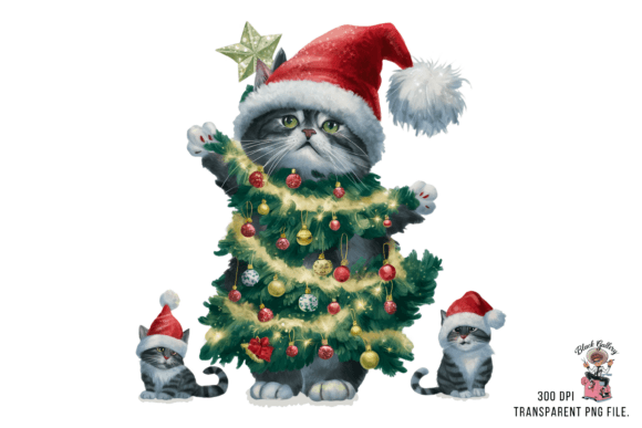 Christmas Kitten Tree Clipart PNG: Illustrations for Design