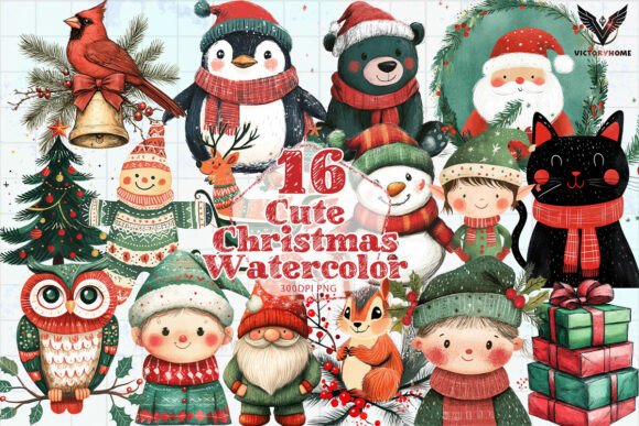 Cute Christmas Watercolor Clipart PNG Illustrations