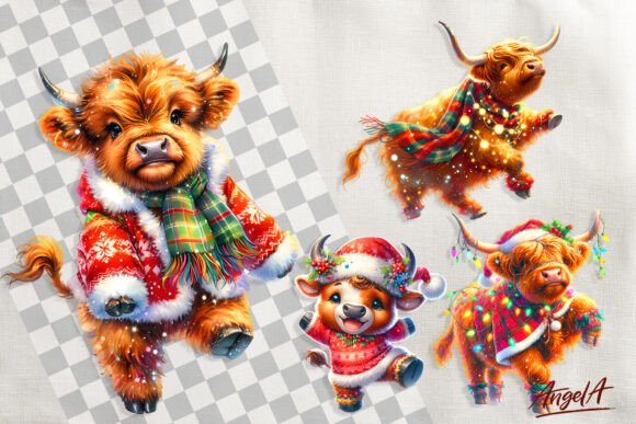 Highland Cow Christmas Clipart & Illustrations