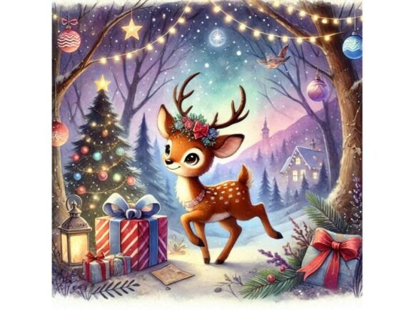 Playful Deer in Magical Christmas Forest Illustrations