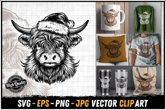 Sparkle Eyes Highland Cow Christmas Hat Illustrations