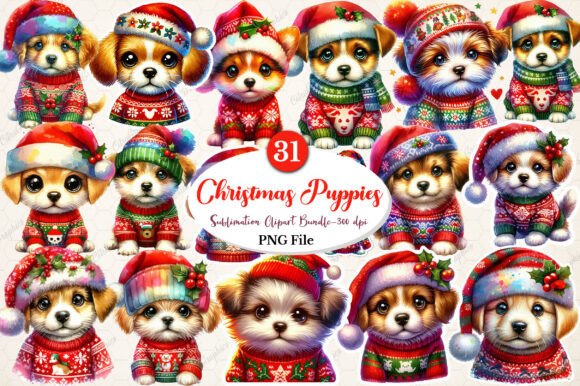 Watercolor Christmas Puppies Clipart for Illustrations