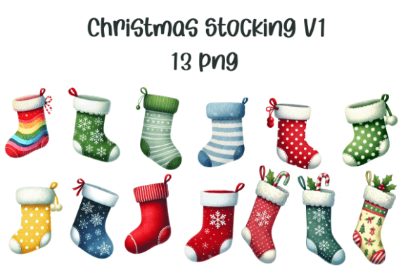 Watercolor Christmas Stocking Clipart V1 Illustrations